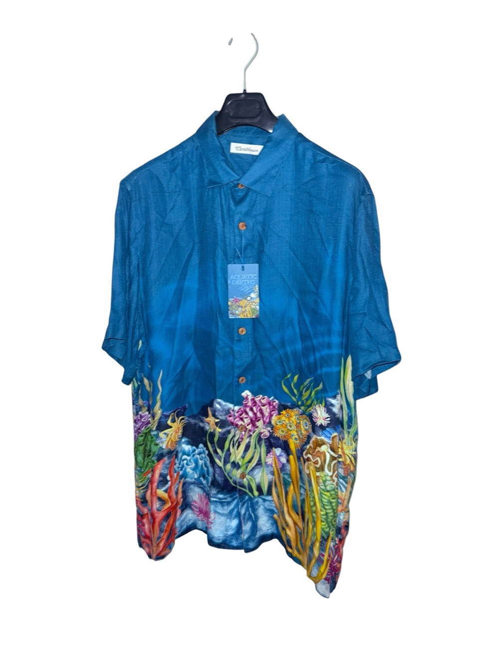Caribbean Men’s XL Hawaiian Shirt Aquatic Depths Ocean Coral Reef Rayon Blue NWT